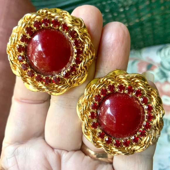 EXQUISITE VINTAGE EARRINGS/CLIP RED JADE/CRYSTAL GOLD CHAIN DISC ⭐️HANDMADE NEW - Picture 9 of 14